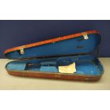 Antique Victorian mahogany violin case with blue felt interior, in need of restoration.