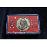 Victorian South Africa 1900 Boer War era chocolate tin with embossed gold plated bust of Victoria in