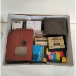 Box of antique photographic equipment to include a Paterson Major development tank, a contact