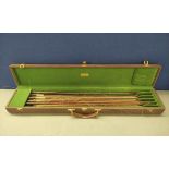 Vintage violin bow case by M.A Gordge with six antique bows. Fitted green plush interior with