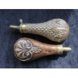 Antique Victorian James Dixon & Sons brass embossed "basket weave" powder flask no 433 and another
