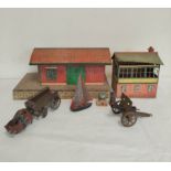 Collection of vintage tin plate toys in poor condition to include two Hornby Meccano stations, a