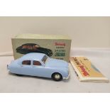 Tri-ang 1/20 scale Electric 2.4 Litre Jaguar in sky blue paint. Original box present but bashed