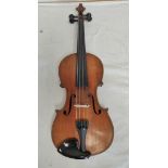 Antique 4/4 violin lacking label but likely of German origin. spruce top with two piece maple back.