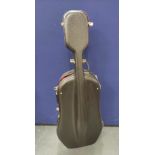Vintage black leatherette cello case with plush satin interior, 130 cm high.