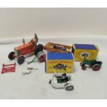 Vintage die cast toy lot to include a tractor with Dinky trailer & two boxed Lesney Models of