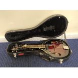 Stagg M50E electric mandolin in red burst finish, fitted in a Stagg case, with stand.