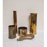 Collection of world war 1 & 2 shell casings and a copper powder flask with embossed floral