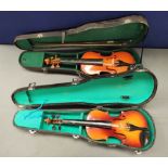 Two Chinese 1/2 size violins, both by Skylark, one with a bow. (2).