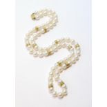 Cultured pearl single-row necklet with gold beads at intervals, 18ct snap.