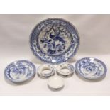 Pair of Chinese blue and white circular plates with central stylised phoenix medallion surrounded by