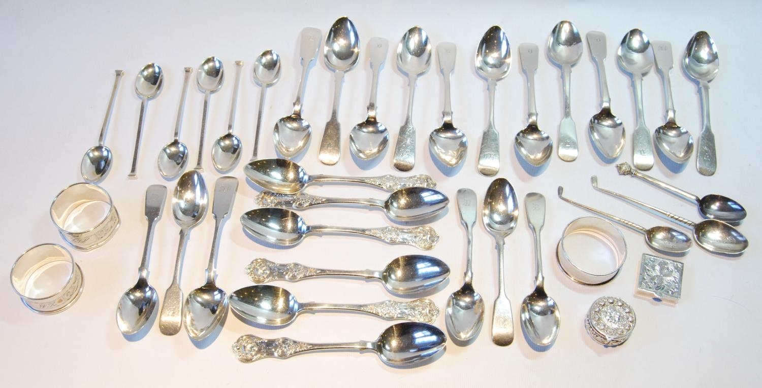 Set of six Queen's pattern silver teaspoons, Glasgow 1871, various others, napkin rings and other