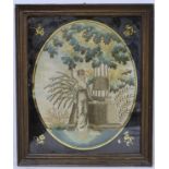 Georgian silk needlework commemorative panel depicting a lady standing beside a memorial,