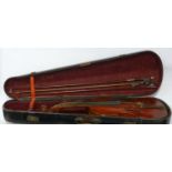 19th century and later violin with two bows, violin 60cm long, bows 73cm long, in fitted case.