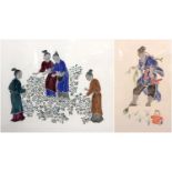 Two 20th century Chinese polychrome woodblock prints depicting a gardener hoeing and women in a rice