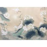 Large 20th century Chinese watercolour painting on silk depicting cranes wading amongst white