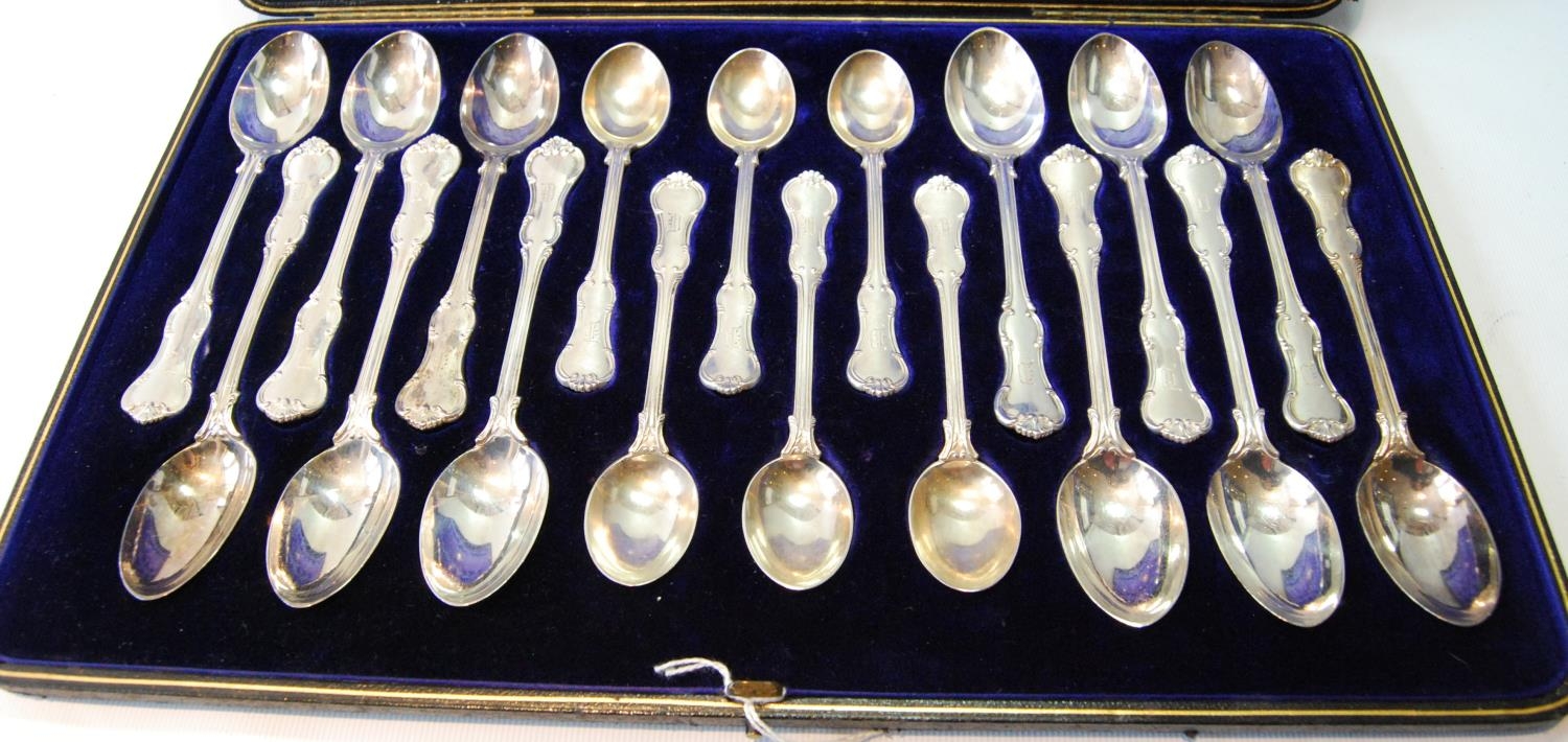 Set of twelve silver teaspoons with scroll borders with six matching coffee spoons, by The - Image 2 of 7