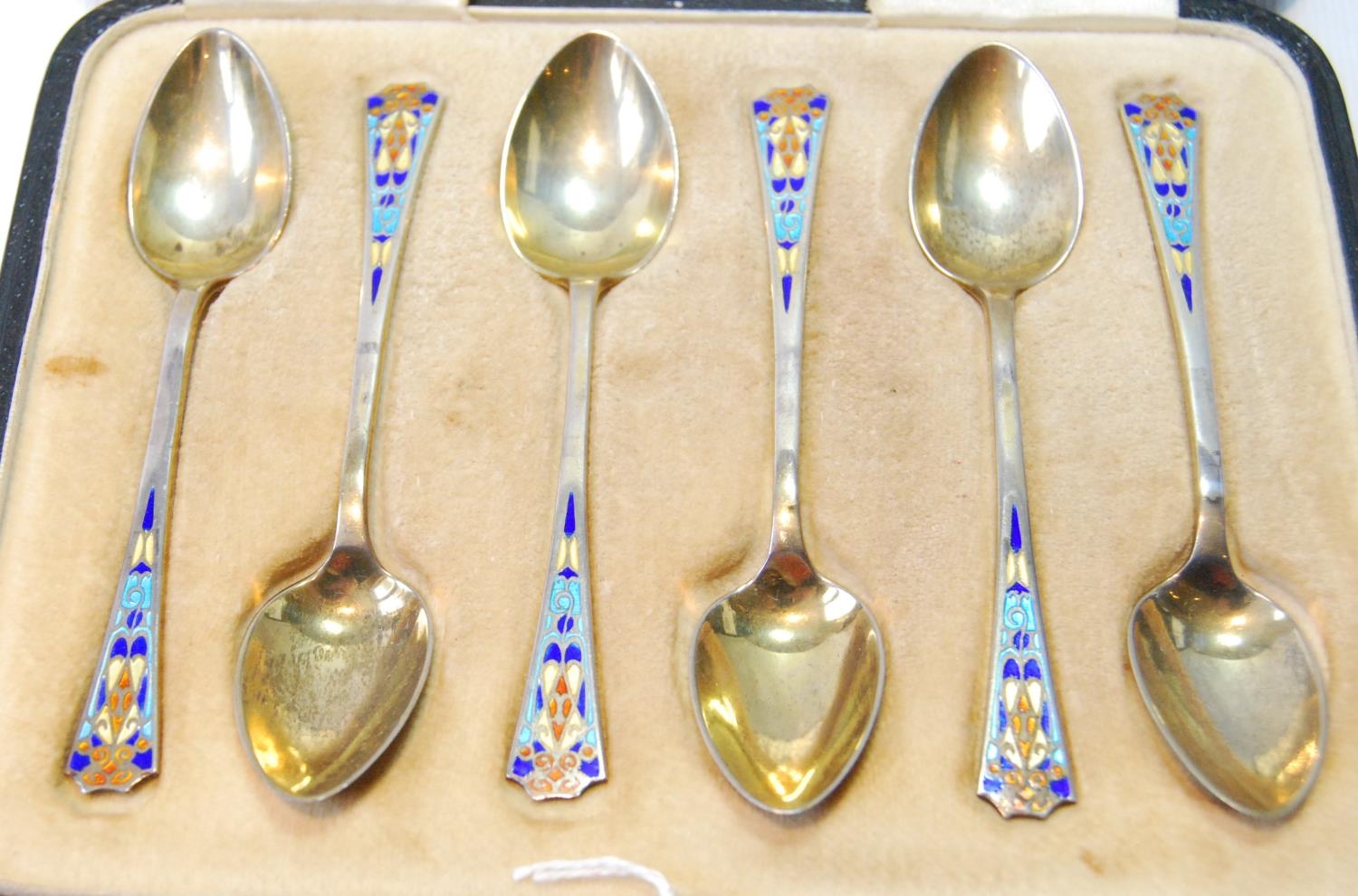 Set of six silver gilt coffee spoons with polychrome enamel of Art Deco style, Birmingham 1928, - Image 2 of 5