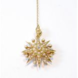 Victorian gold star brooch/pendant with diamond brilliant and pearls, 4.8g.