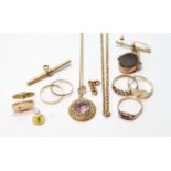 Gold necklet, '9ct', five gold rings and various other items, mostly 9ct, 38g gross.