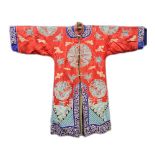 19th century Chinese embroidered red silk court dragon robe with mandarin collar and three knot