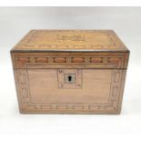 Victorian walnut and Tunbridge ware banded tea caddy with two internal divisions, 20cm.