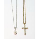 Pearl and diamond pendant in 18ct white gold and a similar cross, 9ct.  (2)