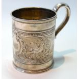 Silver christening mug with engraved band of parakeets by John Russell, Glasgow 1848, 141g or 4½oz.