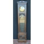 Oak-cased grandmother clock, the gilded circular dial with Arabic numerals, with pendulum and two