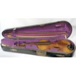 19th century violin with two bows in fitted case, violin 61cm long and bows 73cm long.