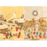 Two 20th century Japanese coloured prints of village scenes, each with printed red seal marks,