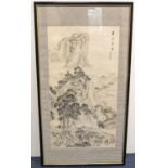 Chinese monochrome watercolour painting of a pavilion in a mountainous landscape with cottages and