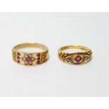 Pearl and ruby ring and a similar ring with diamonds, both 18ct, 1895 and 1904, 7.3g.