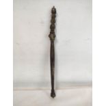 Oriental cast metal sceptre or tip staff with crown finials, two moulded heads and applied bosses on