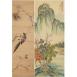 Late 19th/early 20th century Chinese watercolour scroll painting of a magpie or jay on a pine