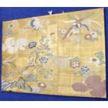 Large oriental brocade fabric panel depicting exotic birds amongst flowers with additional geometric