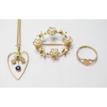 Sapphire and pearl pendant, 9ct, a 9ct gold ring and a pearl brooch, 7.6g.  (3)