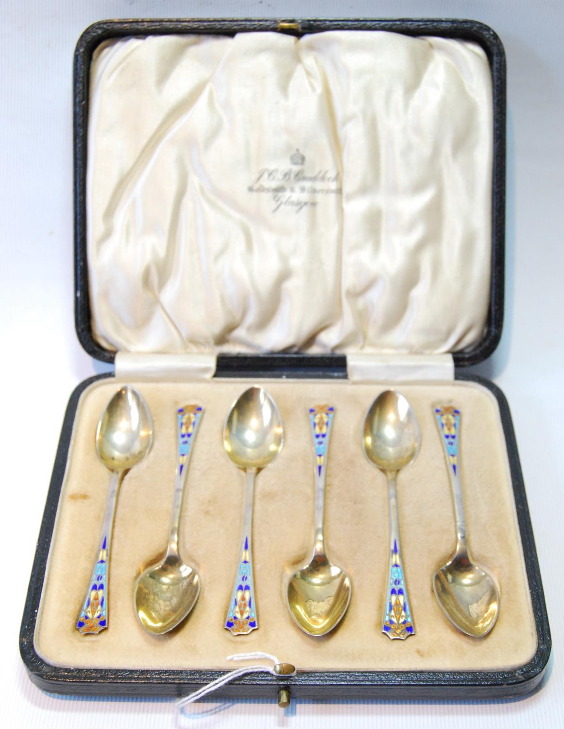 Set of six silver gilt coffee spoons with polychrome enamel of Art Deco style, Birmingham 1928,