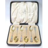 Set of six silver gilt coffee spoons with polychrome enamel of Art Deco style, Birmingham 1928,