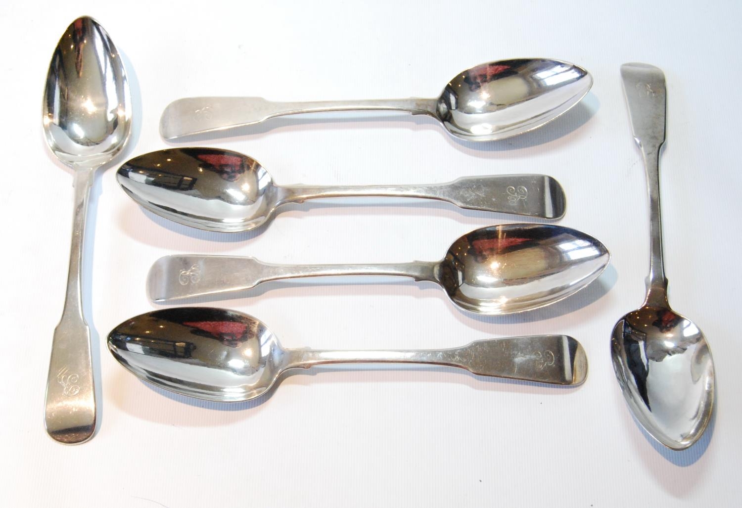 Provincial, unknown: set of six silver tablespoons, fiddle pattern, possibly Ewen Wilson, c. 1820,