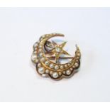 Victorian gold star and crescent brooch/pendant with  diamond brilliant and pearls, '18ct', 6g.