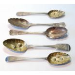 Pair of embossed silver berry tablespoons, 1746, another two, 1781, and another, Exeter.