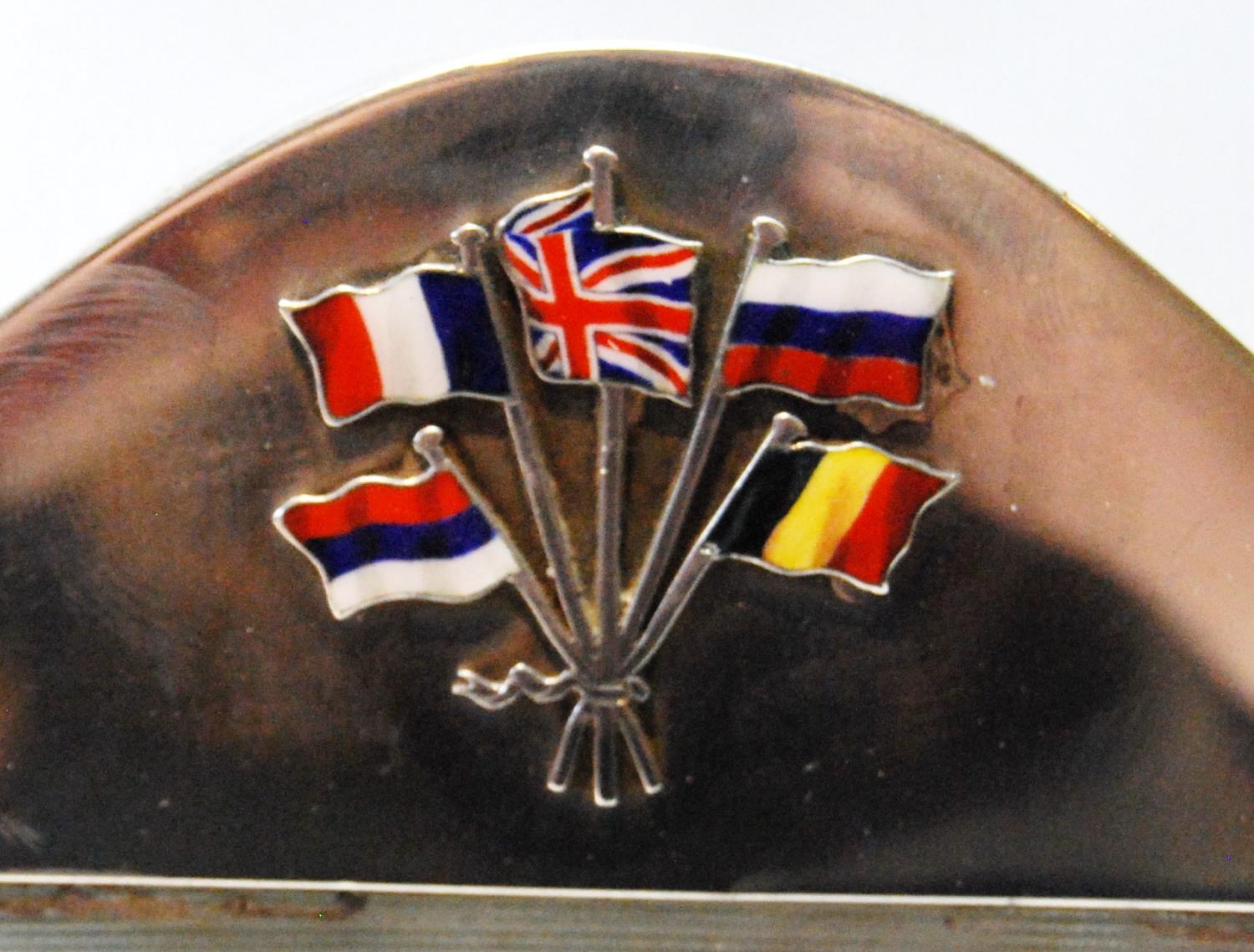 Silver plain photograph frame with arched top and applied enamel flags of the Great War Allies, by - Image 2 of 4