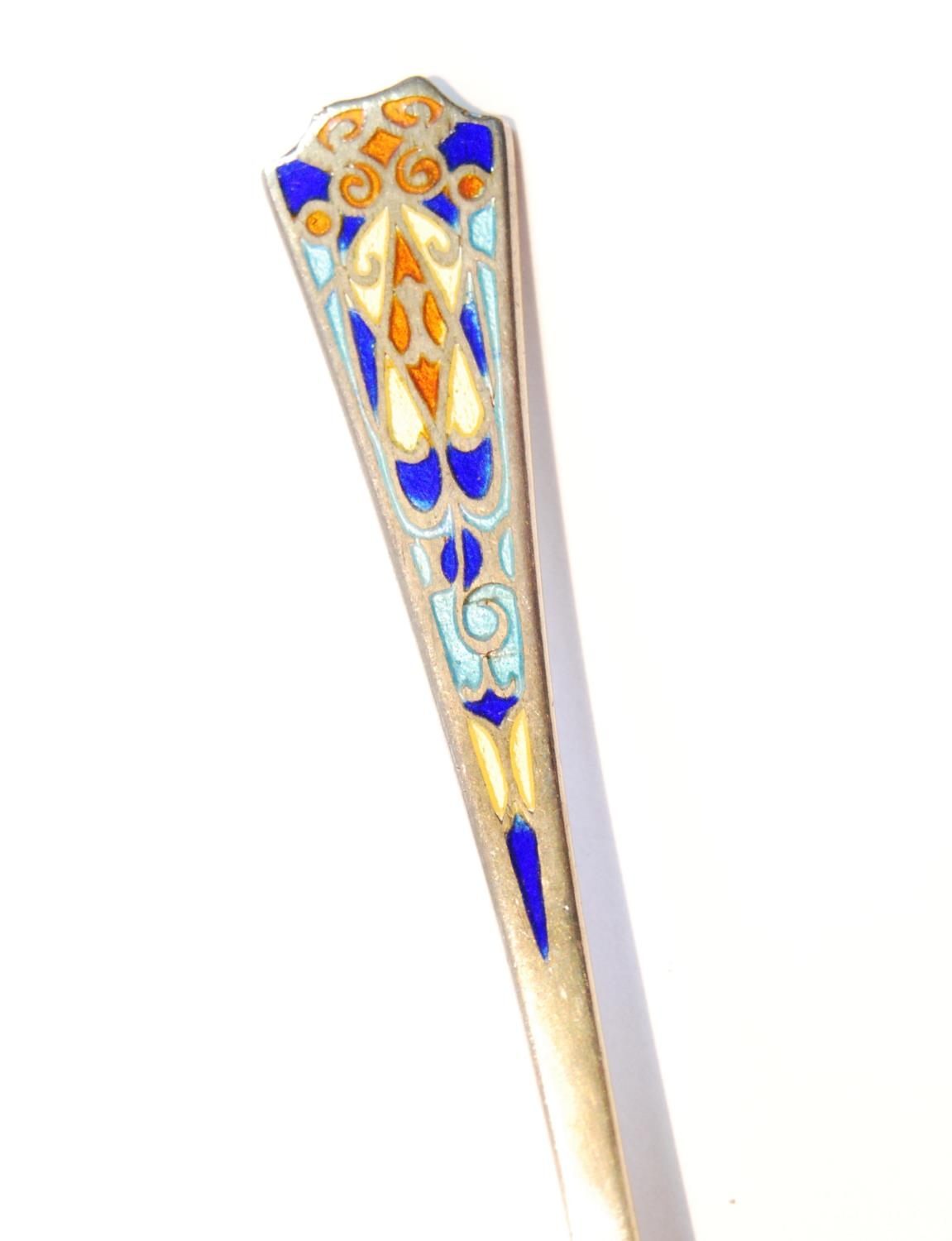 Set of six silver gilt coffee spoons with polychrome enamel of Art Deco style, Birmingham 1928, - Image 3 of 5