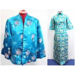 Vintage Chinese lady's jacket in turquoise floral brocade with red piping, retailed by Debenham