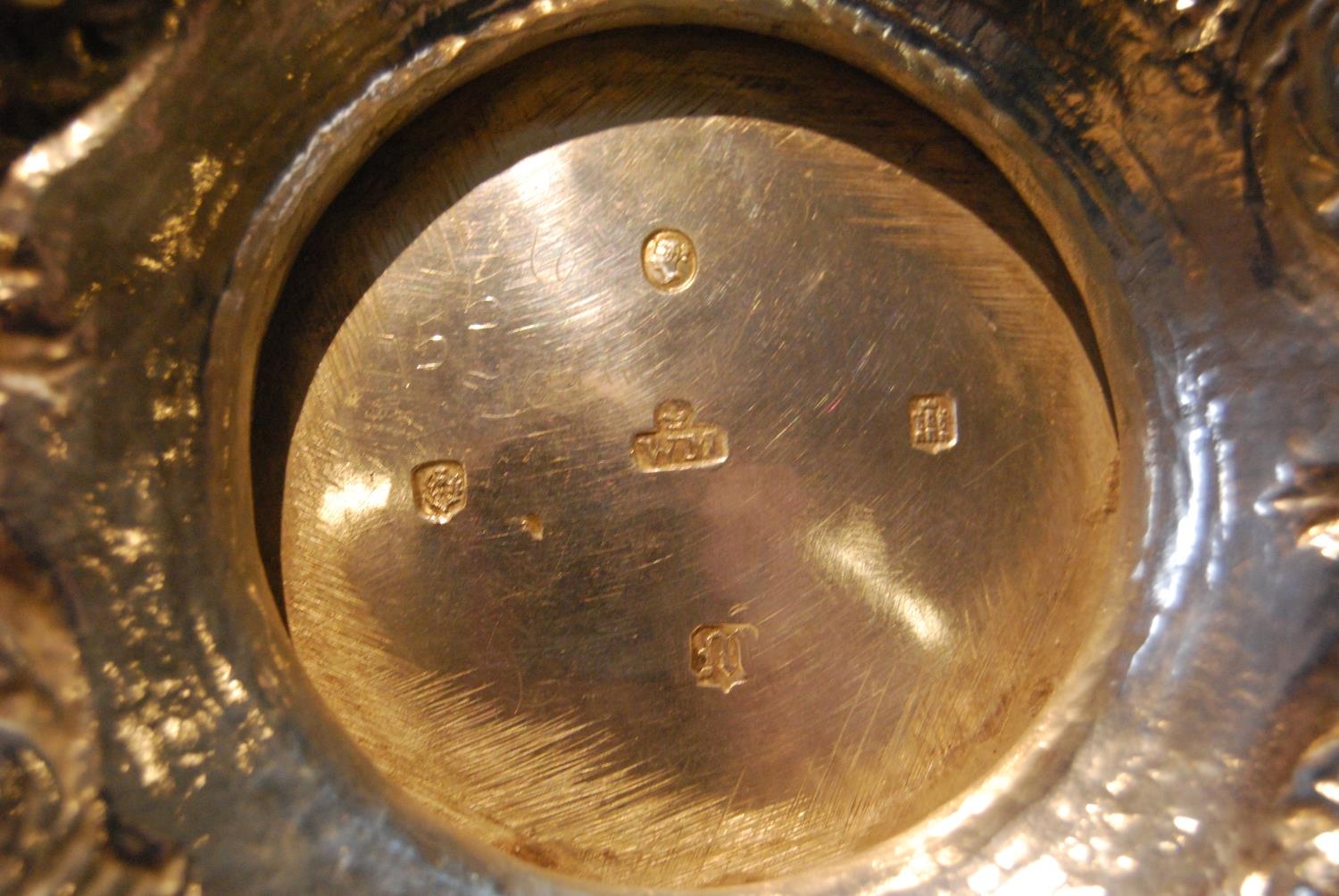 Silver three-piece tea set of half ovoid shape, embossed with rococo scrolls, by William Mortimer or - Image 6 of 6