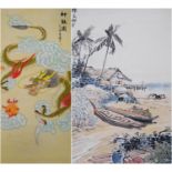 20th century Chinese scroll painting of a dragon chasing a flaming pearl, signed with calligraphy