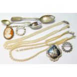 Cultured pearl two-row necklace, another, four brooches, a silver spoon, 1865, and two others.