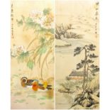 Two Chinese watercolour paintings on silk of a pavilion in a landscape with pine tree, signed with