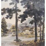 Early 20th century (late Meiji period) Japanese silkscreen print depicting pagodas with blossom